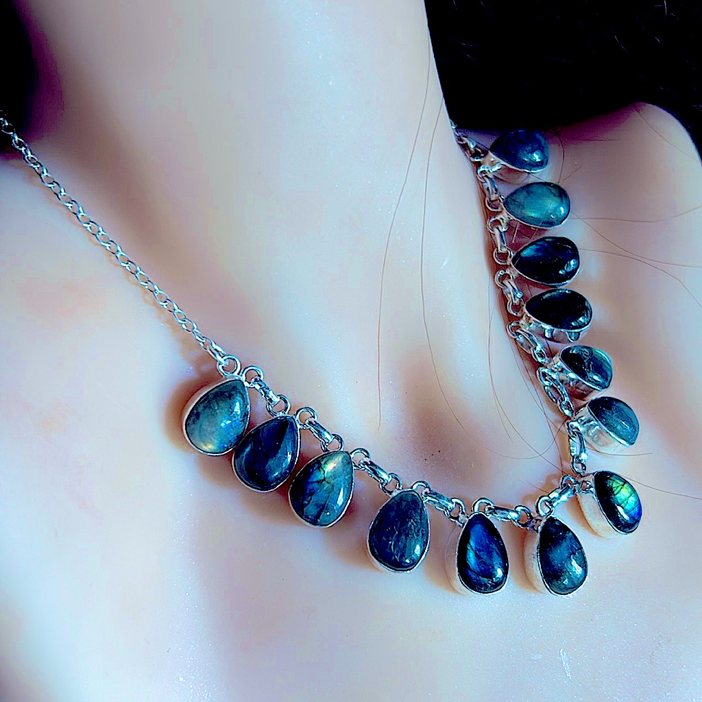Labradorite Necklace Blue Flash, Sunset Flash 925 Silver 18" Adjustable